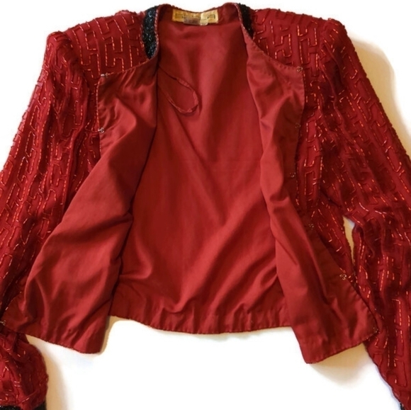 Vtg Scala red silk beaded sparkly evening party special Event short jacket Sz M - Picture 7 of 11